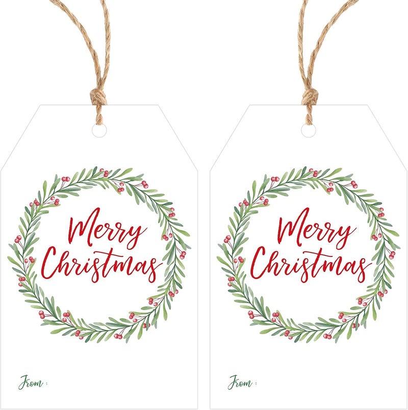 Alynta Merry Christmas Gift Tags - Holiday Wreath Gift Tags with String Xmas Tag 50Pcs Christmas Tag for Christmas Presents Gift Wrapping Xmas Decorations - Image 1